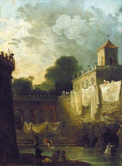 Washerwomen in the Moat of an Italian Villa by Hubert Robert